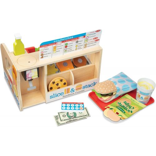  Melissa & Doug Wooden Slice & Stack Sandwich Counter with Deli Slicer  56Piece Pretend Play Foodpiece, Multi