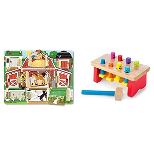  Melissa & Doug Hide and Seek Farm Wooden Activity Board with Barnyard Animal Magnets & Deluxe Pounding Bench Wooden Toy with Mallet