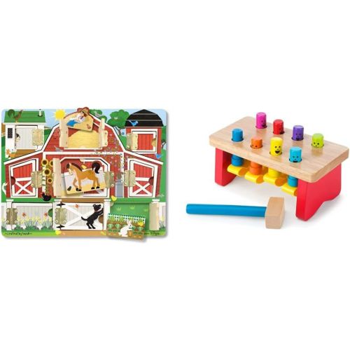  Melissa & Doug Hide and Seek Farm Wooden Activity Board with Barnyard Animal Magnets & Deluxe Pounding Bench Wooden Toy with Mallet