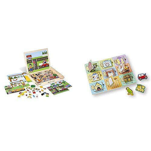  Melissa & Doug Wooden Magnetic Matching Picture Game with 119 Magnets and Scene Cards & Magnetic Hide & Seek Board (Developmental Activity Toy, 9 Pieces), Great Gift for Girls and