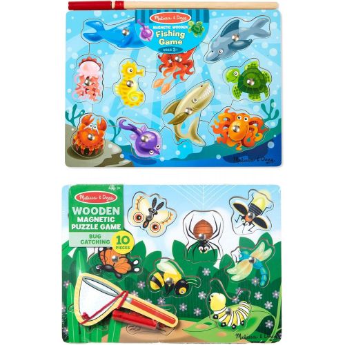  Melissa & Doug Magnetic Wooden Puzzle Game Set, 2-Pack, Fishing and Bug Catching & Magnetic Hide & Seek Board (Developmental Activity Toy, 9 Pieces), Great Gift for Girls and Boys
