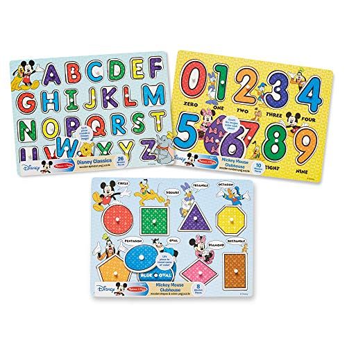  Melissa & Doug Disney Wooden Peg Puzzles Set: Letters, Numbers, and Shapes and Colors