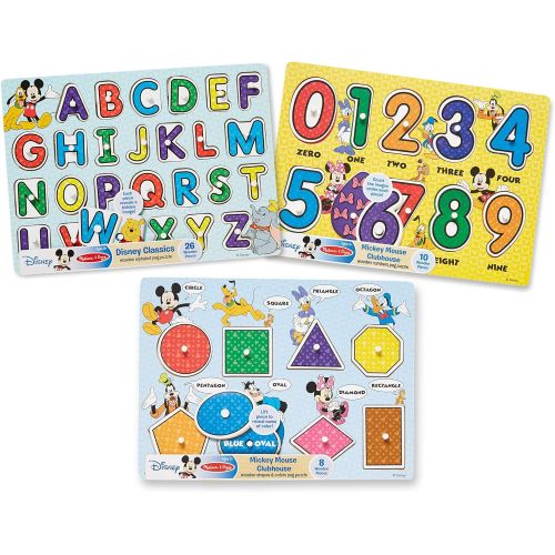  Melissa & Doug Disney Wooden Peg Puzzles Set: Letters, Numbers, and Shapes and Colors