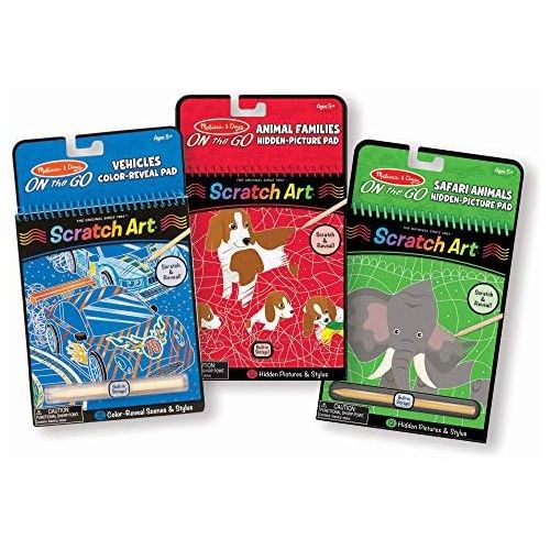  Melissa & Doug On the Go Scratch Art Activity Books Set - Safari Animals, Animal Families, Vehicles