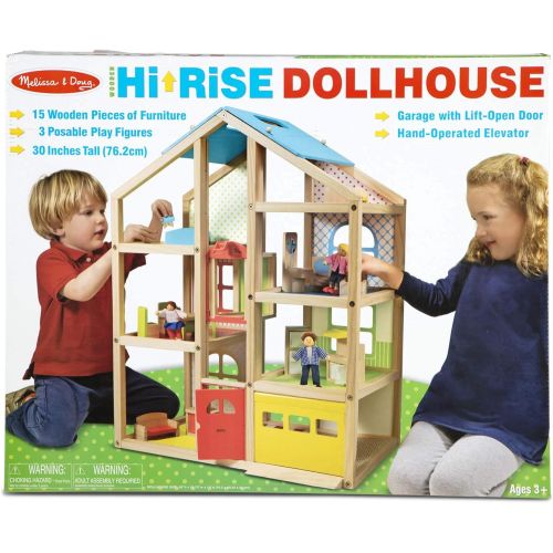  Melissa & Doug Hi-Rise Wooden Dollhouse With 15 pcs Furniture - Garage and Working Elevator