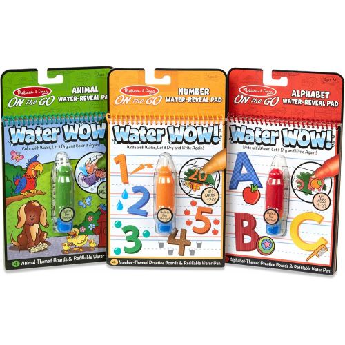  [아마존베스트]Melissa & Doug Water Wow! Reusable Color with Water On the Go Activity Pad 3-Pack, Animals, Alphabet, Numbers