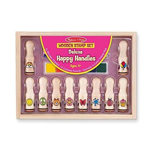  [아마존베스트]Melissa & Doug Deluxe Happy Handle Stamp Set (10 Stamps, 5 Colored Pencils, and 6-Color Washable Ink Pad)