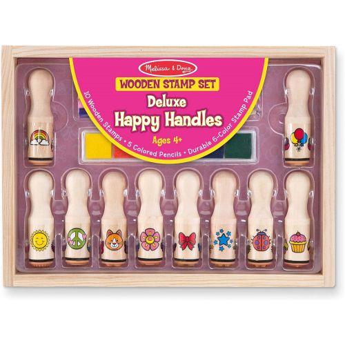  [아마존베스트]Melissa & Doug Deluxe Happy Handle Stamp Set (10 Stamps, 5 Colored Pencils, and 6-Color Washable Ink Pad)