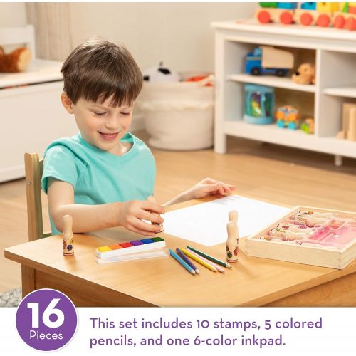  [아마존베스트]Melissa & Doug Deluxe Happy Handle Stamp Set (10 Stamps, 5 Colored Pencils, and 6-Color Washable Ink Pad)