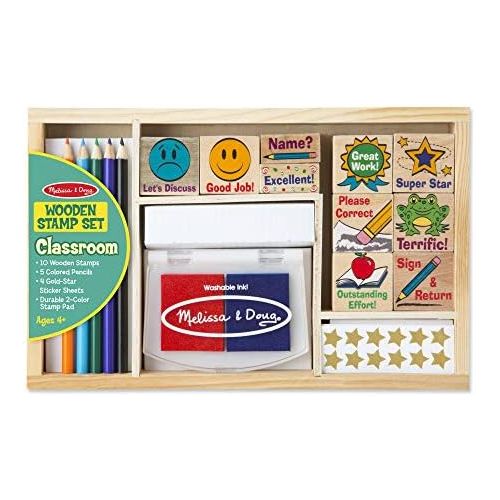  [아마존베스트]Melissa & Doug Wooden Classroom Stamp Set With 10 Stamps, 5 Colored Pencils, 4 Sticker Sheets, and 2-Colored Stamp Pad