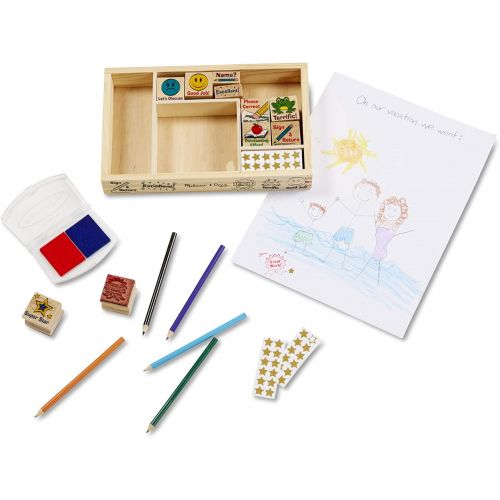  [아마존베스트]Melissa & Doug Wooden Classroom Stamp Set With 10 Stamps, 5 Colored Pencils, 4 Sticker Sheets, and 2-Colored Stamp Pad