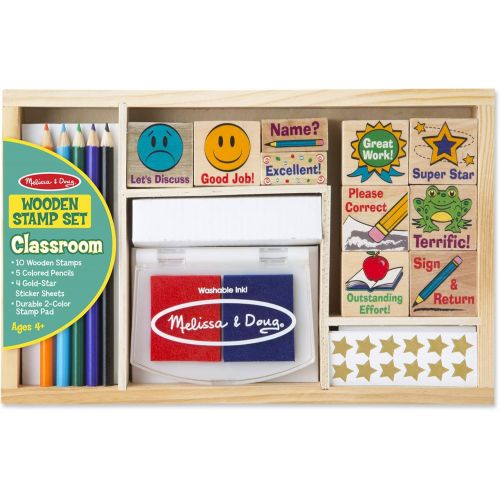  [아마존베스트]Melissa & Doug Wooden Classroom Stamp Set With 10 Stamps, 5 Colored Pencils, 4 Sticker Sheets, and 2-Colored Stamp Pad