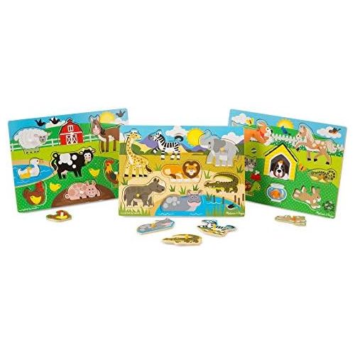  [아마존베스트]Melissa & Doug World of Animals Wooden Peg Puzzles Set - Pets (8 Pieces), Farm (8 Pieces), Safari (7 Pieces)