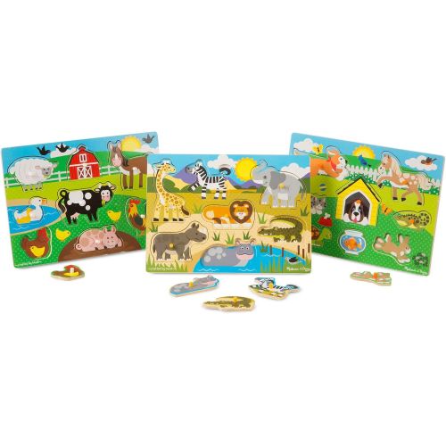  [아마존베스트]Melissa & Doug World of Animals Wooden Peg Puzzles Set - Pets (8 Pieces), Farm (8 Pieces), Safari (7 Pieces)