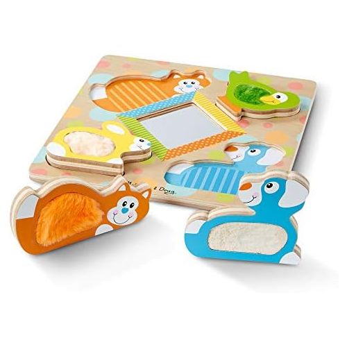  [아마존베스트]Melissa & Doug First Play Wooden Touch & Feel Puzzle, Peek-a-Boo Pets (4 Textured Pieces and Mirror)