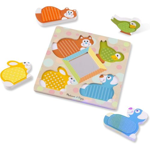  [아마존베스트]Melissa & Doug First Play Wooden Touch & Feel Puzzle, Peek-a-Boo Pets (4 Textured Pieces and Mirror)