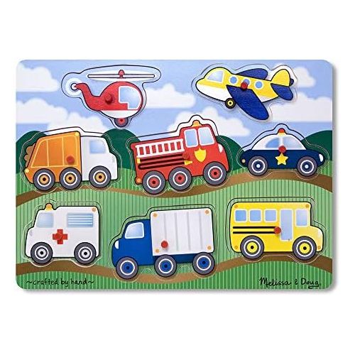  [아마존베스트]Melissa & Doug VEHICLES Wooden Peg Puzzle (Colorful Vehicles artwork, Extra-Thick Wooden Construction, 8Piece, 15.5” H X 11.2” W X 1.6” L)