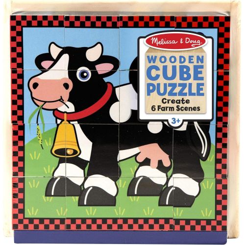  [아마존베스트]Melissa & Doug Farm Cube Puzzle, Preschool Kids, Six Puzzles in One, Sturdy Wooden Construction, 16 Cubes and Wooden Tray, 8” H x 8” W x 2.25” L