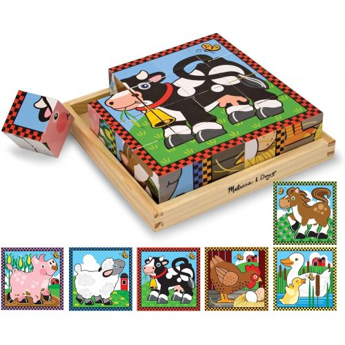  [아마존베스트]Melissa & Doug Farm Cube Puzzle, Preschool Kids, Six Puzzles in One, Sturdy Wooden Construction, 16 Cubes and Wooden Tray, 8” H x 8” W x 2.25” L