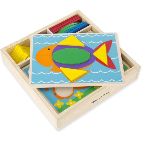  [아마존베스트]Melissa & Doug Beginner Wooden Pattern Blocks Educational Toy, 5 Double-Sided Scenes and 30 Shapes, 10.65” H x 10.65” W x 2.3” L