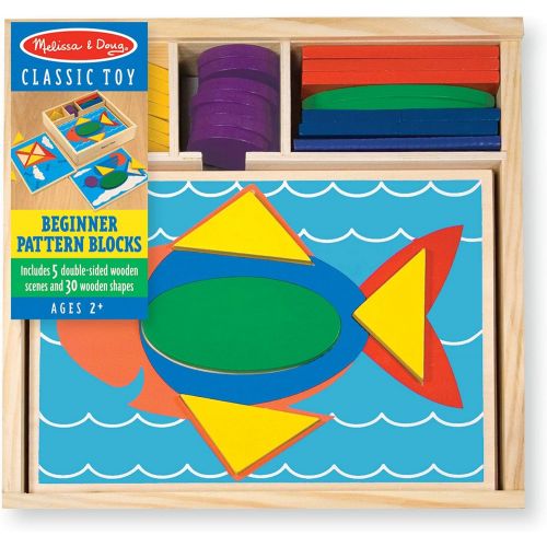  [아마존베스트]Melissa & Doug Beginner Wooden Pattern Blocks Educational Toy, 5 Double-Sided Scenes and 30 Shapes, 10.65” H x 10.65” W x 2.3” L