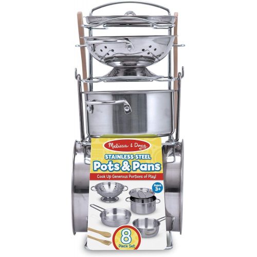  [아마존베스트]Melissa & Doug Let’s Play House! Stainless Steel Pots & Pans Play Set for Kids Construction, 8 Pieces, 33.02 cm H x 15.24 cm W x 15.24 cm L)