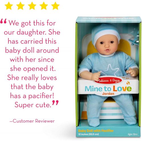  [아마존베스트]Melissa & Doug Mine to Love Jordan 12” Baby Doll (Light Skin-Tone Boy with Romper, Cap, Pacifier)