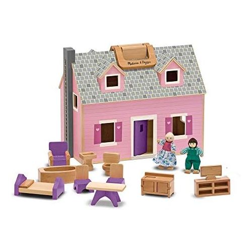  [아마존베스트]Melissa & Doug Fold & Go Mini Dollhouse (Portable Wooden Dollhouse, Working Doors, Sturdy Carrying Handles, 10.4” H × 11.9” W × 16.7” L)