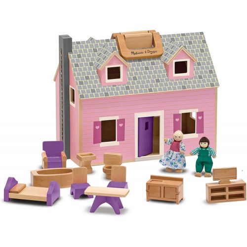  [아마존베스트]Melissa & Doug Fold & Go Mini Dollhouse (Portable Wooden Dollhouse, Working Doors, Sturdy Carrying Handles, 10.4” H × 11.9” W × 16.7” L)