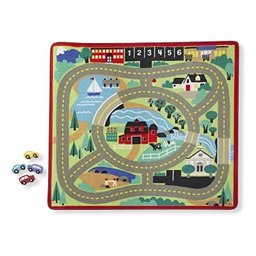  [아마존베스트]Melissa & Doug Round the Town Road Rug & Car Set (Cars & Trucks, Safe for All Floors, 4 Wooden Cars, 36” W x 39L)