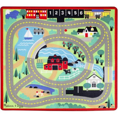  [아마존베스트]Melissa & Doug Round the Town Road Rug & Car Set (Cars & Trucks, Safe for All Floors, 4 Wooden Cars, 36” W x 39L)