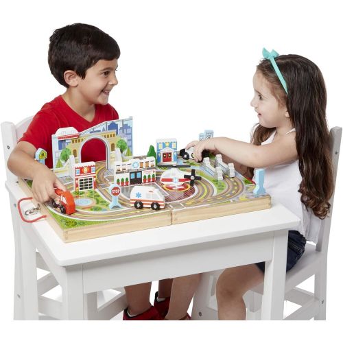  [아마존베스트]Melissa & Doug 18-Piece Wooden Take-Along Tabletop Town, 4 Rescue Vehicles, Play Pieces, Bridge