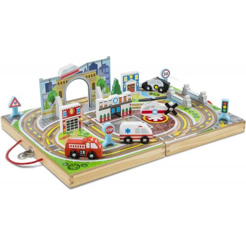  [아마존베스트]Melissa & Doug 18-Piece Wooden Take-Along Tabletop Town, 4 Rescue Vehicles, Play Pieces, Bridge