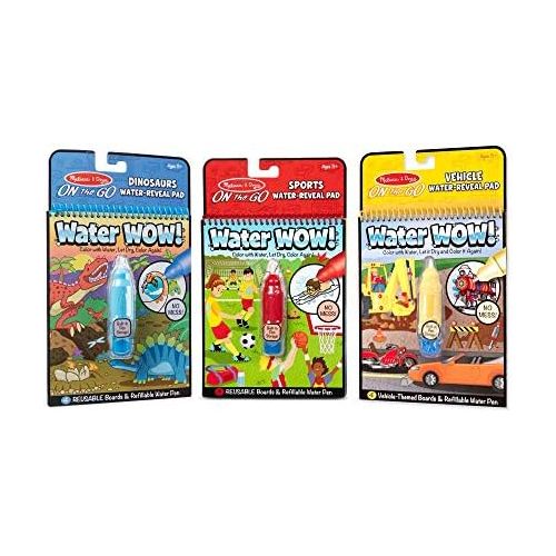  [아마존베스트]Melissa & Doug On The Go Water Wow! Resuable Color with Water Activity Pad 3-Pack, Sports, Dinosaurs, Vehicles, Chunky-Size Water Pens