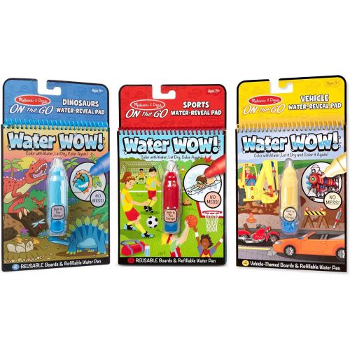  [아마존베스트]Melissa & Doug On The Go Water Wow! Resuable Color with Water Activity Pad 3-Pack, Sports, Dinosaurs, Vehicles, Chunky-Size Water Pens