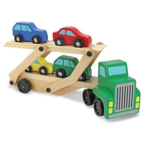  [아마존베스트]Melissa & Doug Car Carrier Truck & Cars Wooden Toy Set (Compatible with Wooden Train Tracks, Quality Wood Construction, 13.8” H x 6.7” W x 3.35” L)