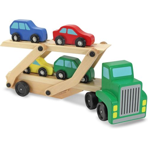  [아마존베스트]Melissa & Doug Car Carrier Truck & Cars Wooden Toy Set (Compatible with Wooden Train Tracks, Quality Wood Construction, 13.8” H x 6.7” W x 3.35” L)