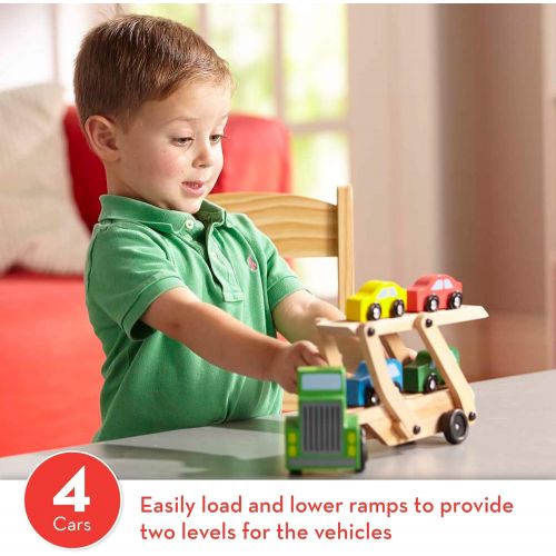  [아마존베스트]Melissa & Doug Car Carrier Truck & Cars Wooden Toy Set (Compatible with Wooden Train Tracks, Quality Wood Construction, 13.8” H x 6.7” W x 3.35” L)