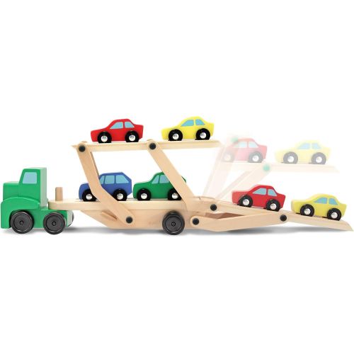  [아마존베스트]Melissa & Doug Car Carrier Truck & Cars Wooden Toy Set (Compatible with Wooden Train Tracks, Quality Wood Construction, 13.8” H x 6.7” W x 3.35” L)