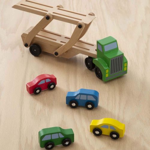  [아마존베스트]Melissa & Doug Car Carrier Truck & Cars Wooden Toy Set (Compatible with Wooden Train Tracks, Quality Wood Construction, 13.8” H x 6.7” W x 3.35” L)