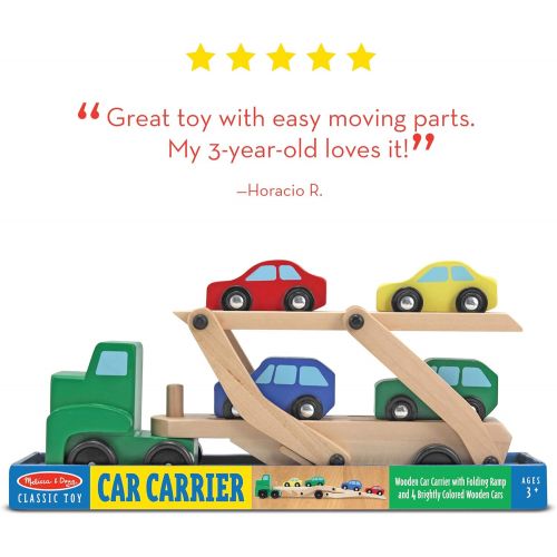  [아마존베스트]Melissa & Doug Car Carrier Truck & Cars Wooden Toy Set (Compatible with Wooden Train Tracks, Quality Wood Construction, 13.8” H x 6.7” W x 3.35” L)