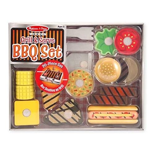  [아마존베스트]Melissa & Doug Wooden Grill & Serve BBQ Set (Wooden Play Food, 20 Pieces)