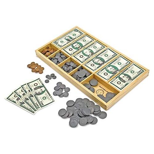  [아마존베스트]Melissa & Doug Classic Play Money Set (Developmental Toys, 50 of Each Denomination, Wooden Cash Drawer)