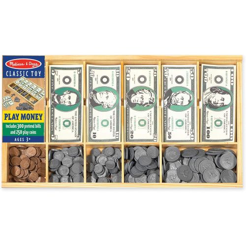  [아마존베스트]Melissa & Doug Classic Play Money Set (Developmental Toys, 50 of Each Denomination, Wooden Cash Drawer)