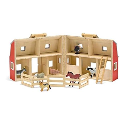  [아마존베스트]Melissa & Doug Wooden Fold & Go Barn, Animal & People Play Set, Promotes Imaginative Play, 7 Animal Play Figures, 11.25” H x 13.5” W x 4.7” L