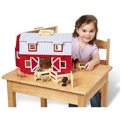  [아마존베스트]Melissa & Doug Wooden Fold & Go Barn, Animal & People Play Set, Promotes Imaginative Play, 7 Animal Play Figures, 11.25” H x 13.5” W x 4.7” L