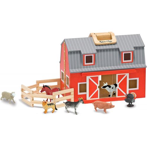  [아마존베스트]Melissa & Doug Wooden Fold & Go Barn, Animal & People Play Set, Promotes Imaginative Play, 7 Animal Play Figures, 11.25” H x 13.5” W x 4.7” L