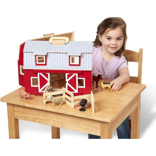  [아마존베스트]Melissa & Doug Wooden Fold & Go Barn, Animal & People Play Set, Promotes Imaginative Play, 7 Animal Play Figures, 11.25” H x 13.5” W x 4.7” L