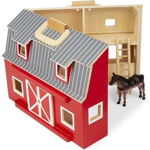  [아마존베스트]Melissa & Doug Wooden Fold & Go Barn, Animal & People Play Set, Promotes Imaginative Play, 7 Animal Play Figures, 11.25” H x 13.5” W x 4.7” L