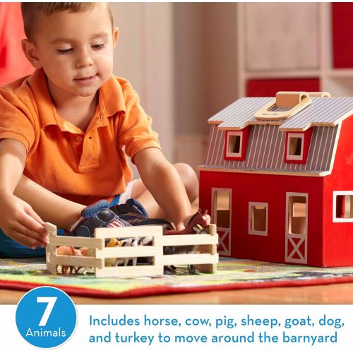  [아마존베스트]Melissa & Doug Wooden Fold & Go Barn, Animal & People Play Set, Promotes Imaginative Play, 7 Animal Play Figures, 11.25” H x 13.5” W x 4.7” L